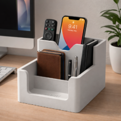 White minimalist desk organizer holding a smartphone and wallet on a clean office table
