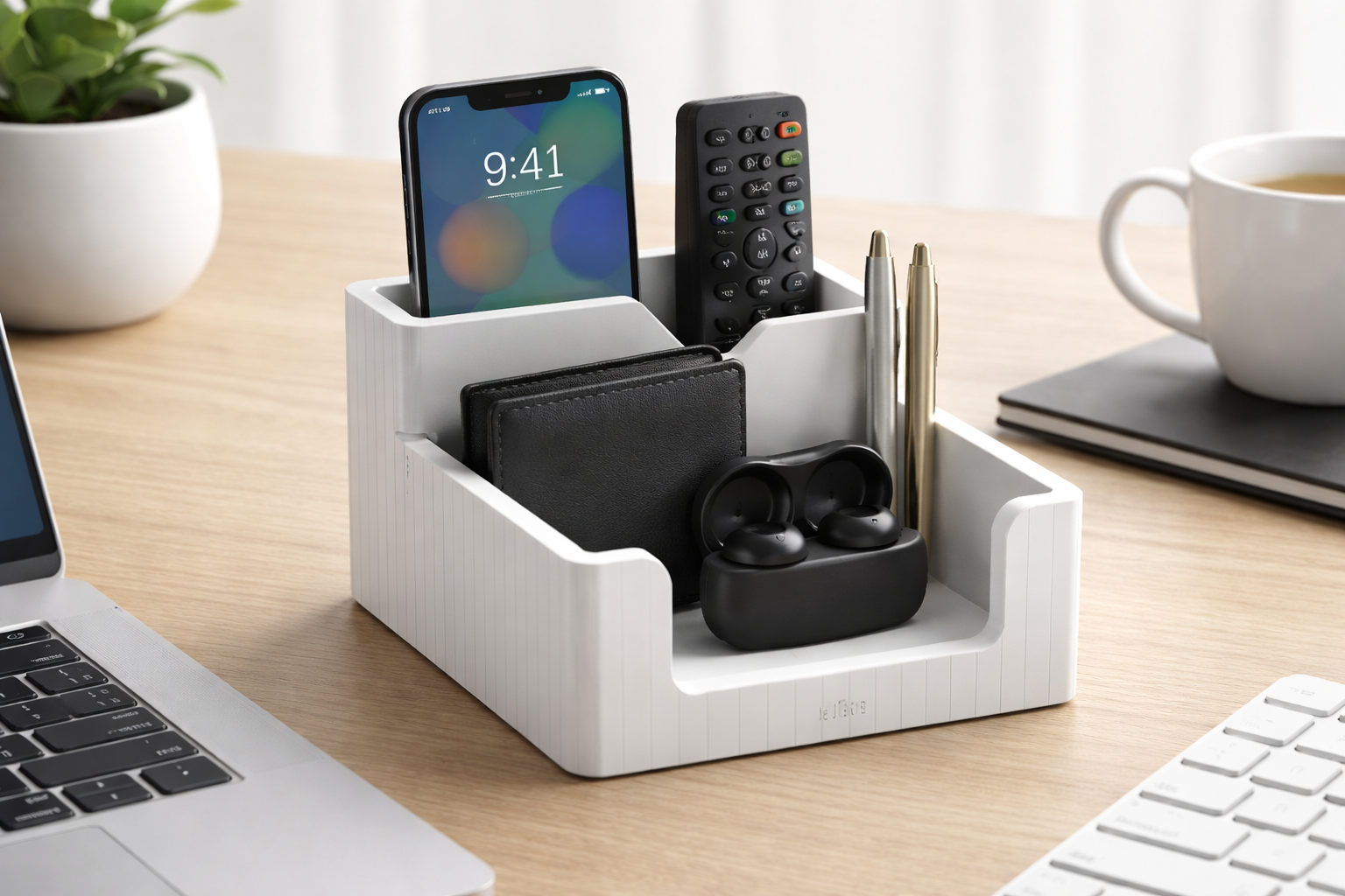 White minimalist desk organizer holding a smartphone and wallet on a clean office table
