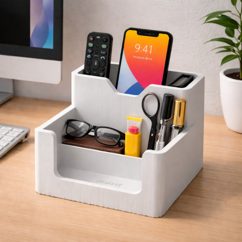 Side view of tiered desktop storage stand showing 9x11.4x7.5 cm dimensions