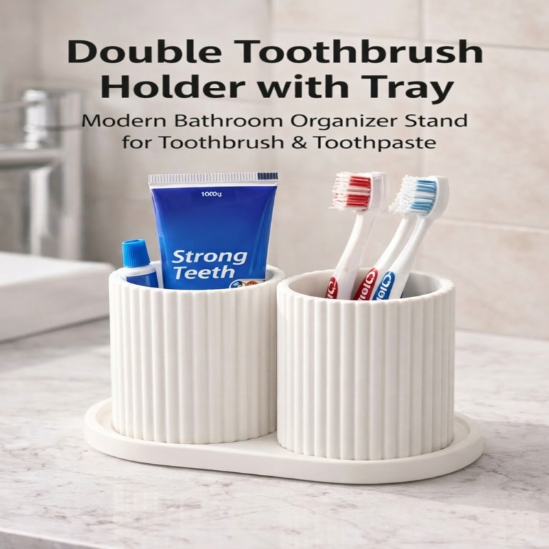 Multi-slot toothbrush caddy holding manual and electric toothbrushes with a tongue cleaner