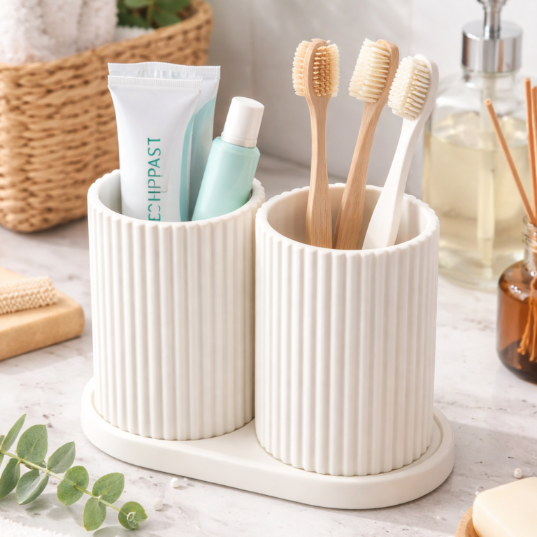 Easy-to-clean white toothbrush holder with detachable base tray to prevent water buildup