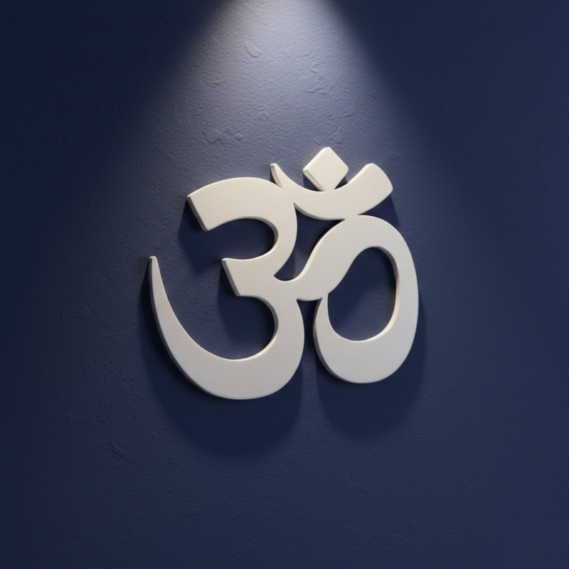Spiritual ॐ symbol wall art hanging in a modern Indian living room above a sofa