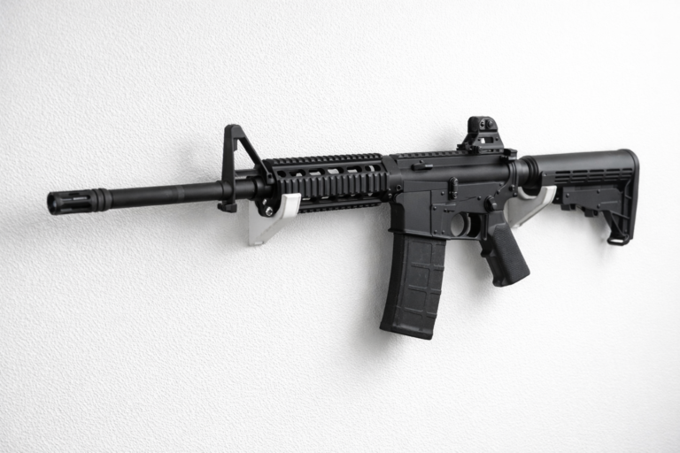 Horizontal gun wall rack holding a tactical rifle securely on a clean white wall