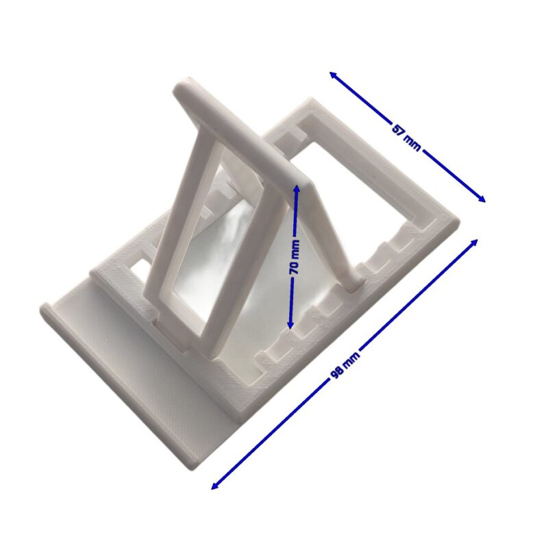 Smartphone on a white stand for hands-free video calls and office meetings