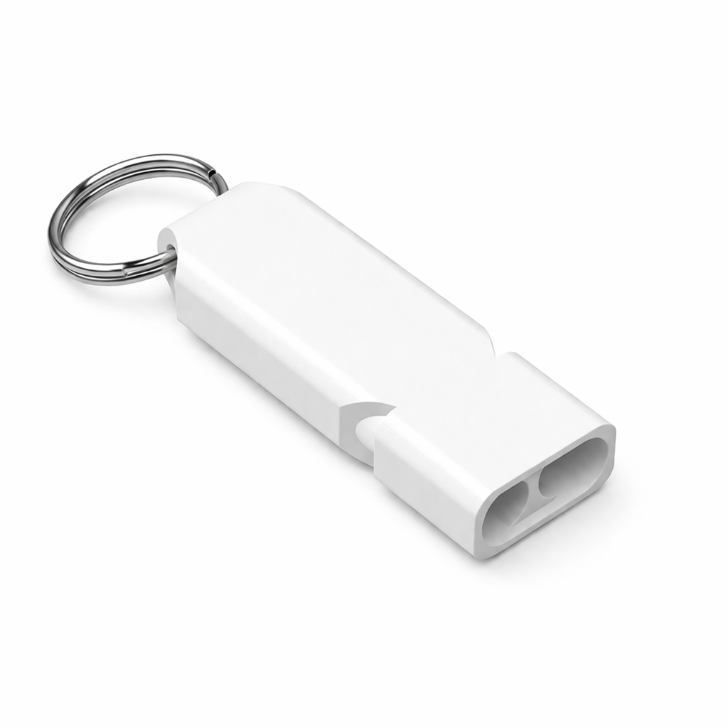 Close-up side view of durable white ABS sports whistle with ergonomic design